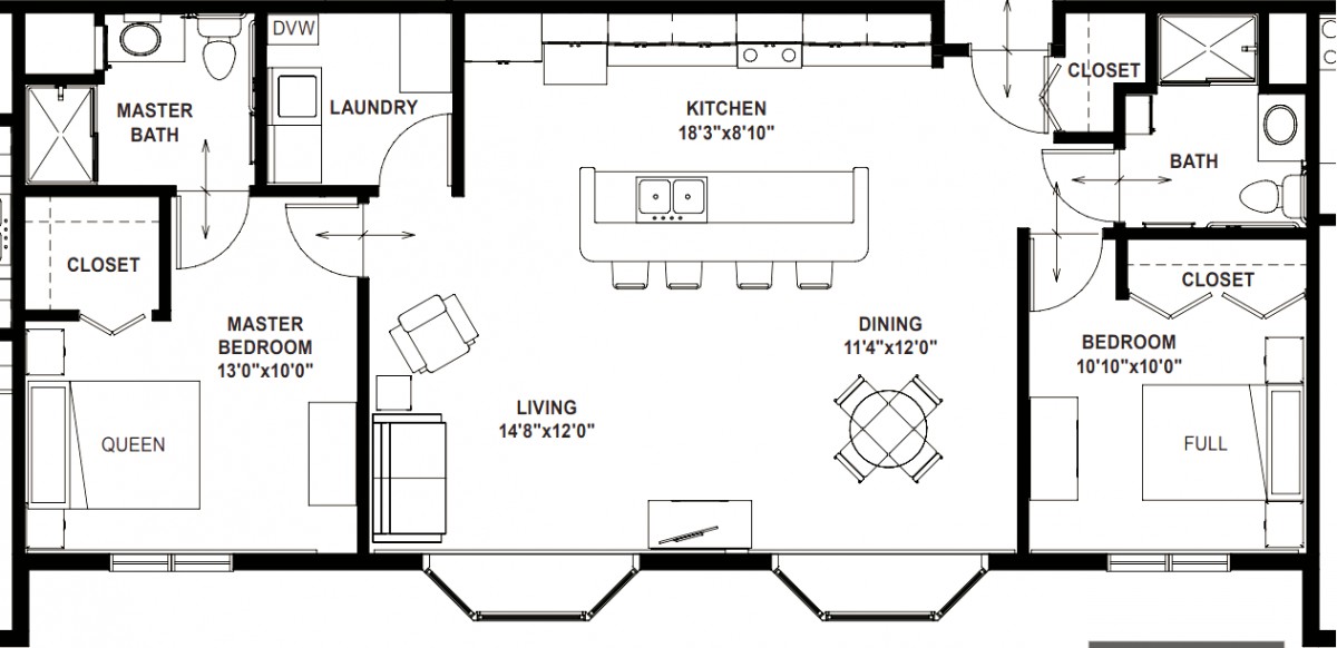 Floor plan featuring a kitchen, living room, and dining area layout.
