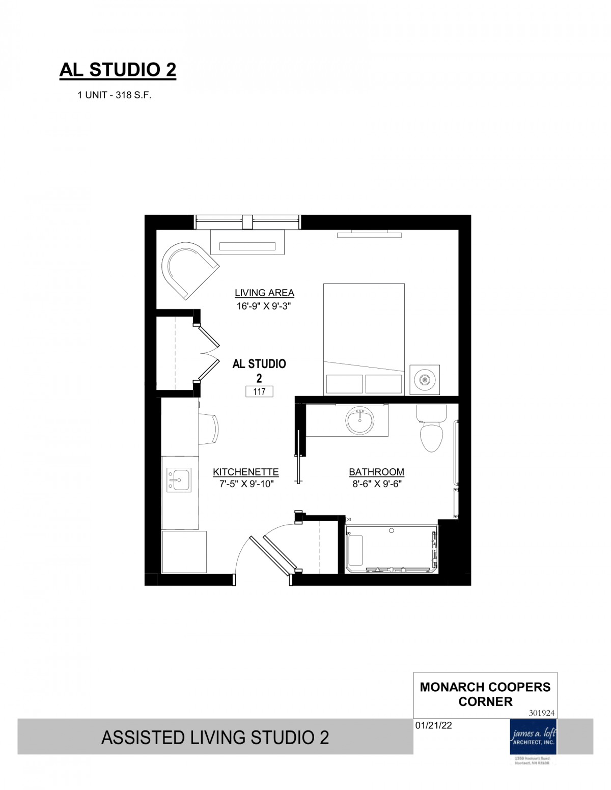 A floor plan of a studio apartment featuring a kitchen, living area, and bathroom.