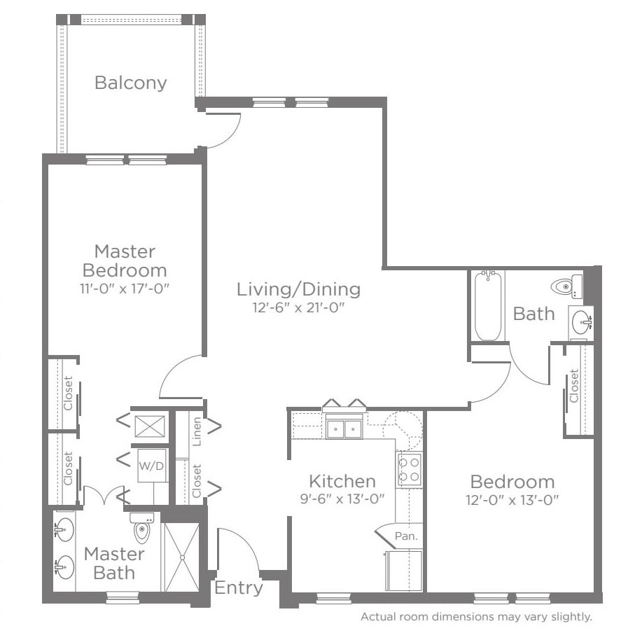 A detailed floor plan depicting a two-bedroom apartment layout with a balcony.