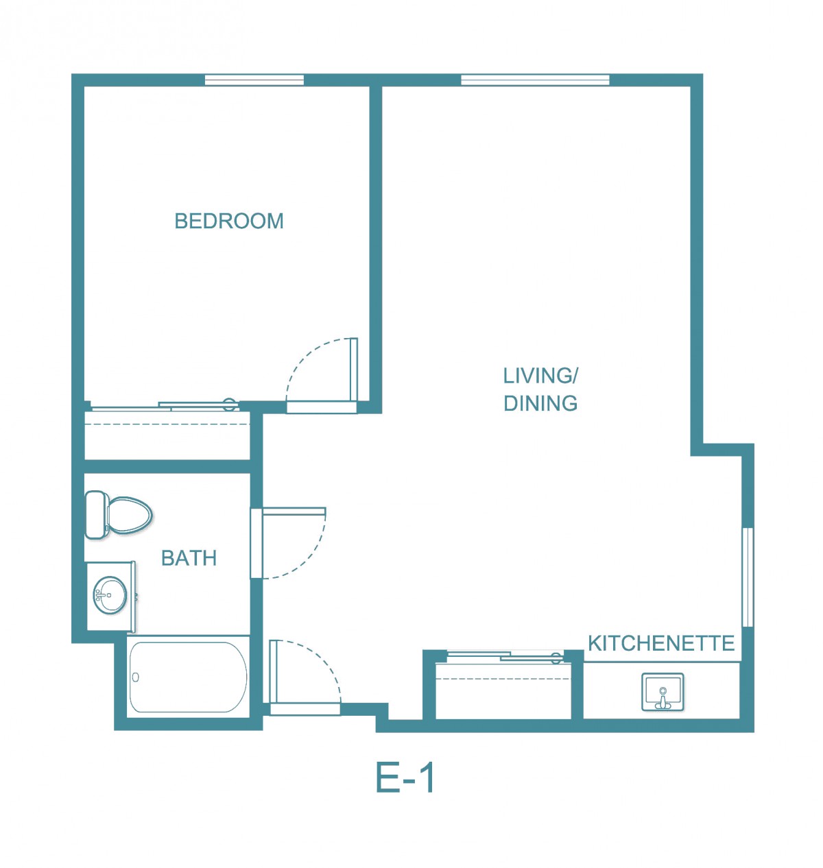 A blueprint of a one-bedroom apartment with a living area, kitchen, and bathroom.