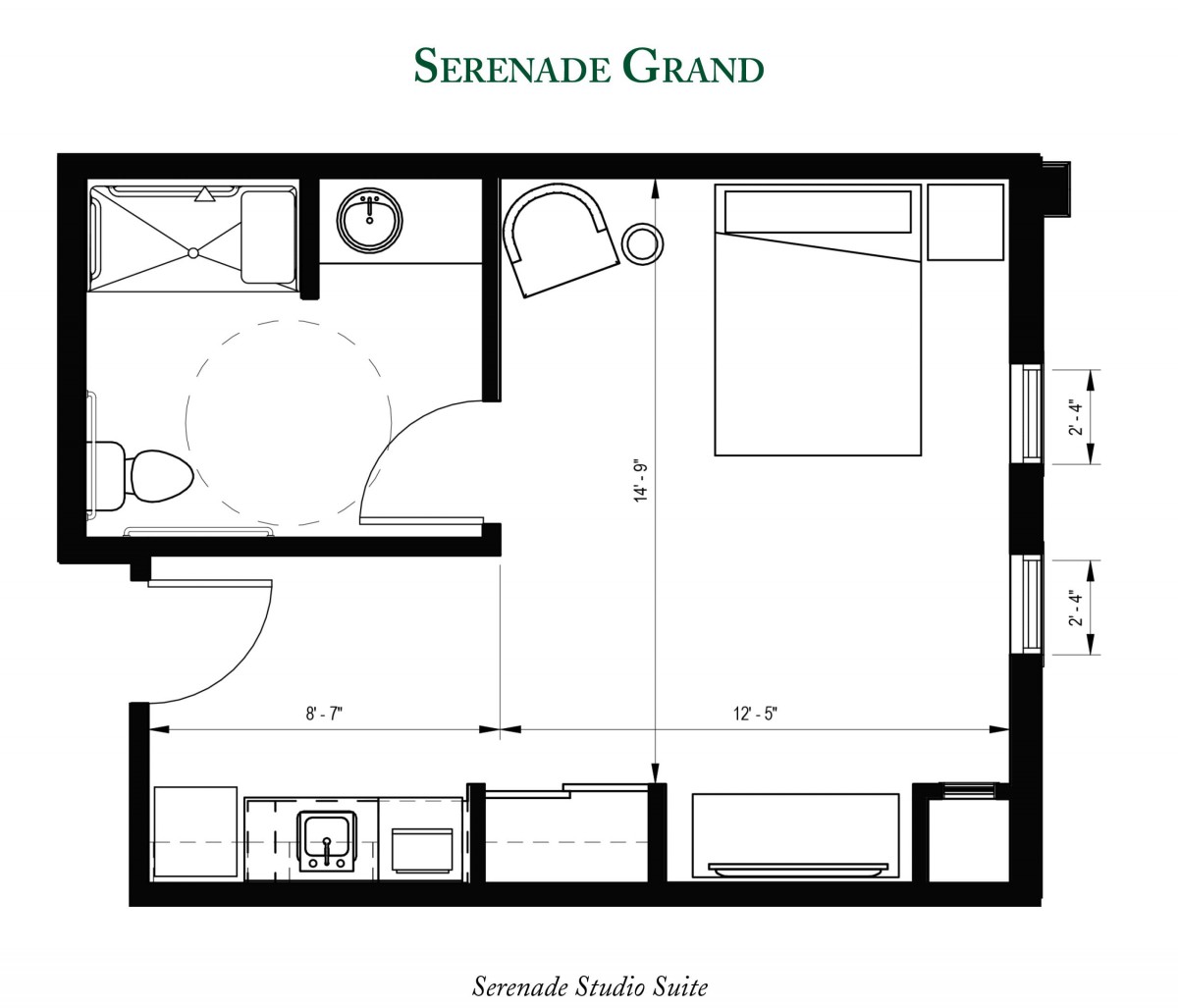Floor plan of a Serenade Grand studio suite.
