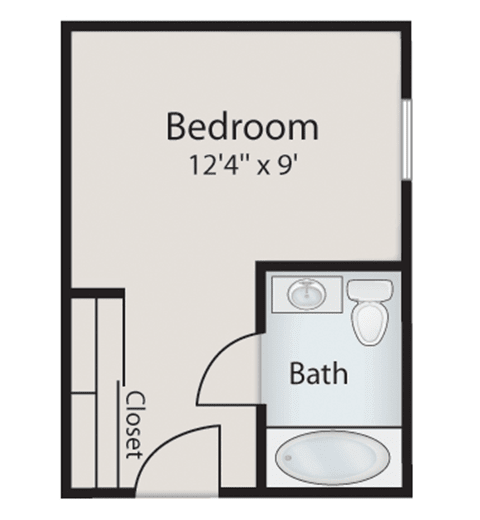 A simple floor plan featuring a bedroom, bathroom, and closet.