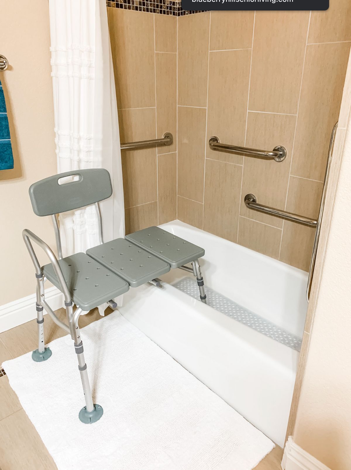 An accessible bathroom setup featuring a shower chair and grab bars for safety.