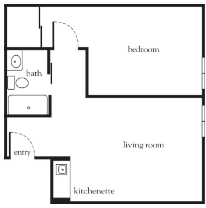 A simple floor plan showing a one-bedroom apartment layout with a bath, living room, and kitchenette.