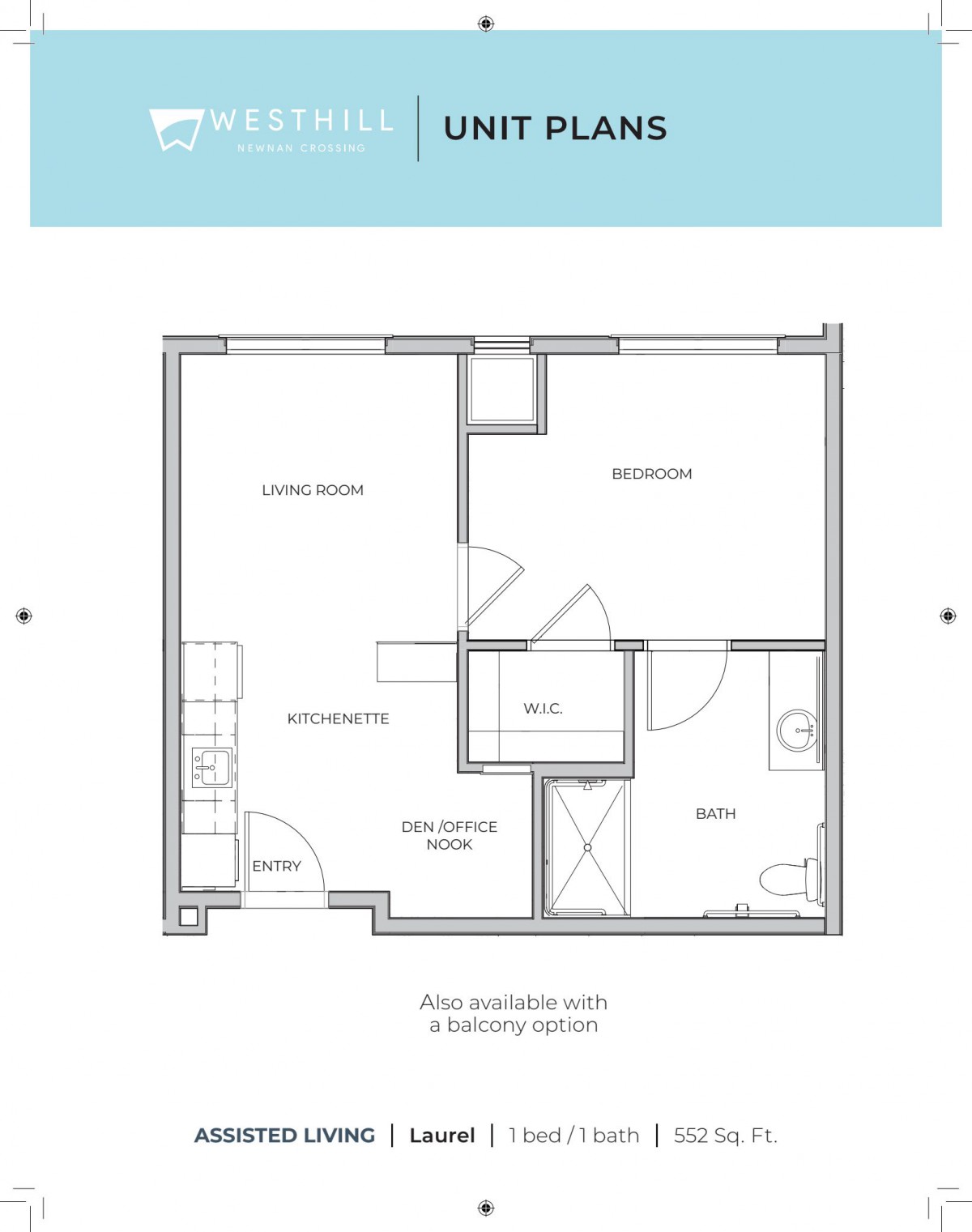 A floor plan of a unit featuring a living room, kitchen/dining area, bedroom, and bathroom.
