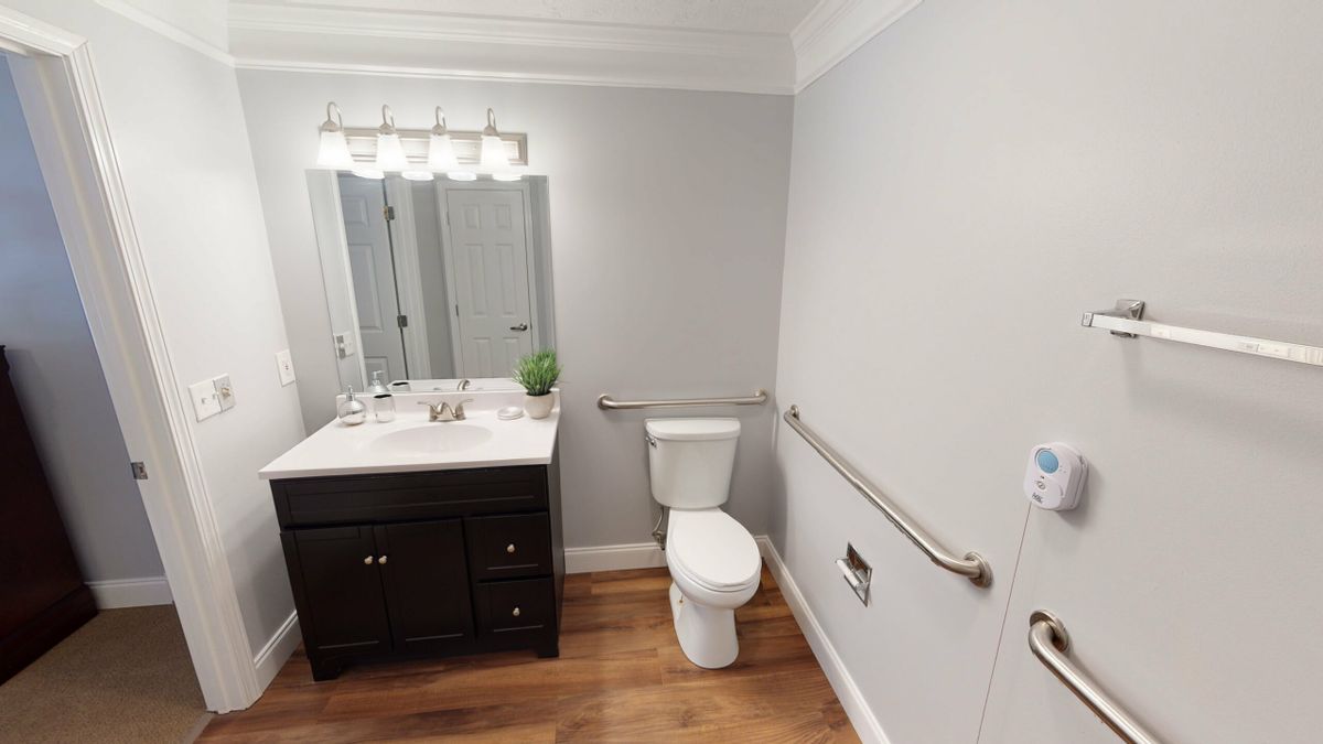A modern bathroom with a toilet, sink, and vanity, featuring hardwood flooring and grab bars.