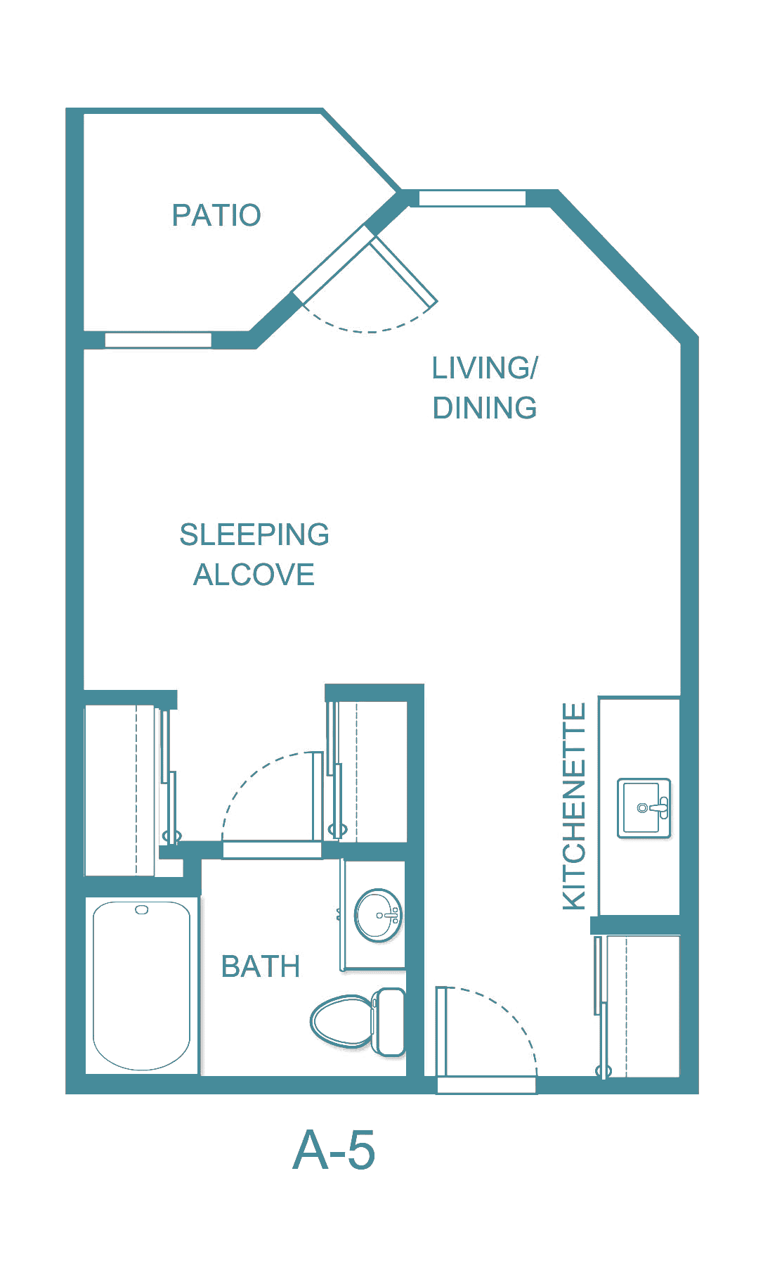 A floor plan of a studio apartment featuring a sleeping alcove, living/dining area, kitchenette, and bath.
