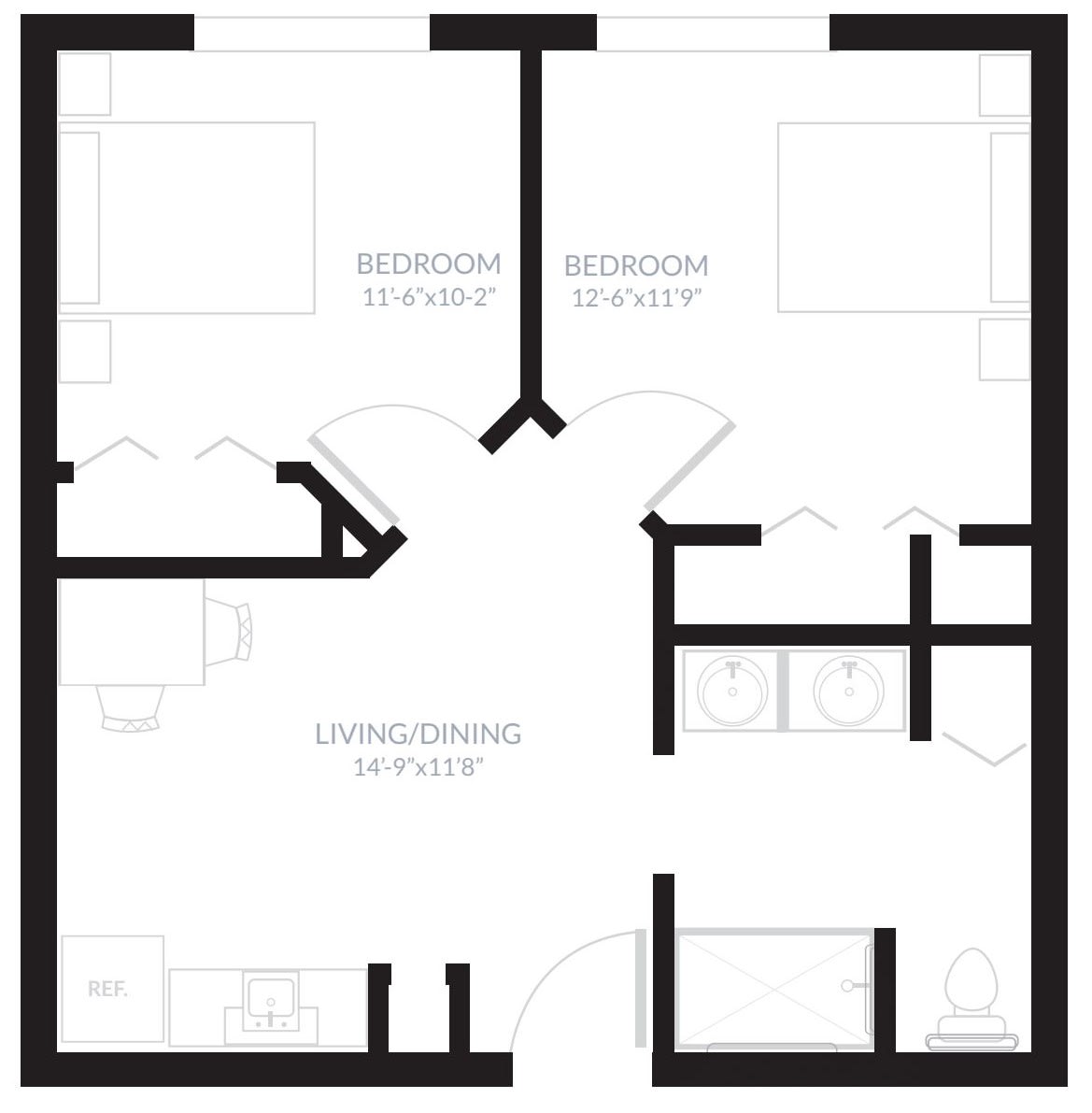 A simple floor plan of a two-bedroom apartment with a living/dining area and bathroom.