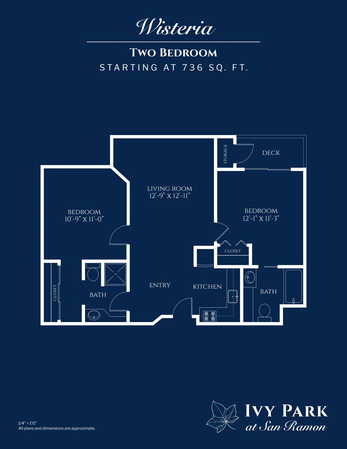 A blueprint layout of a two-bedroom apartment starting at 726 square feet.