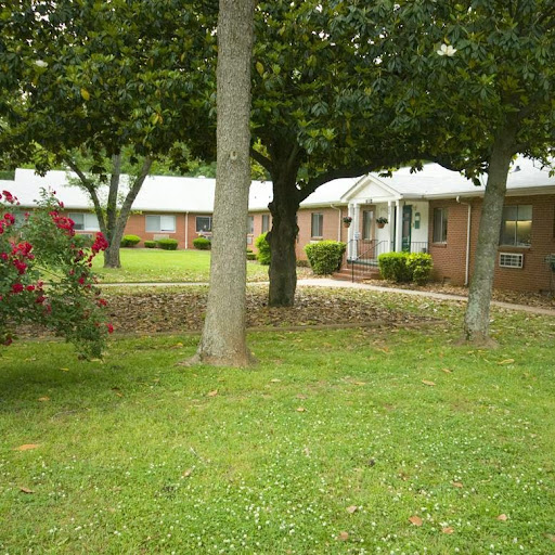 A serene view of a residential area with well-maintained grass, trees, and charming buildings.