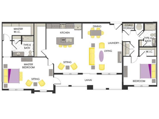 A detailed floor plan of an apartment featuring a living room, kitchen, bedroom, and bathroom.