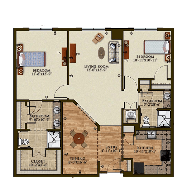 A detailed floor plan of a two-bedroom apartment, showcasing a living room, kitchen, dining area, and bathrooms.