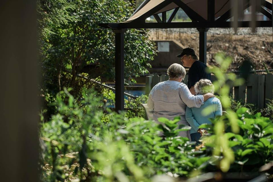A serene moment with people enjoying the outdoors under a gazebo.