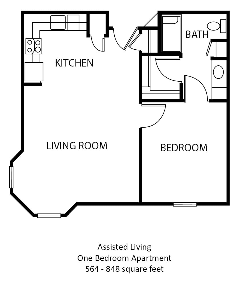 Floor plan of a one-bedroom assisted living apartment.