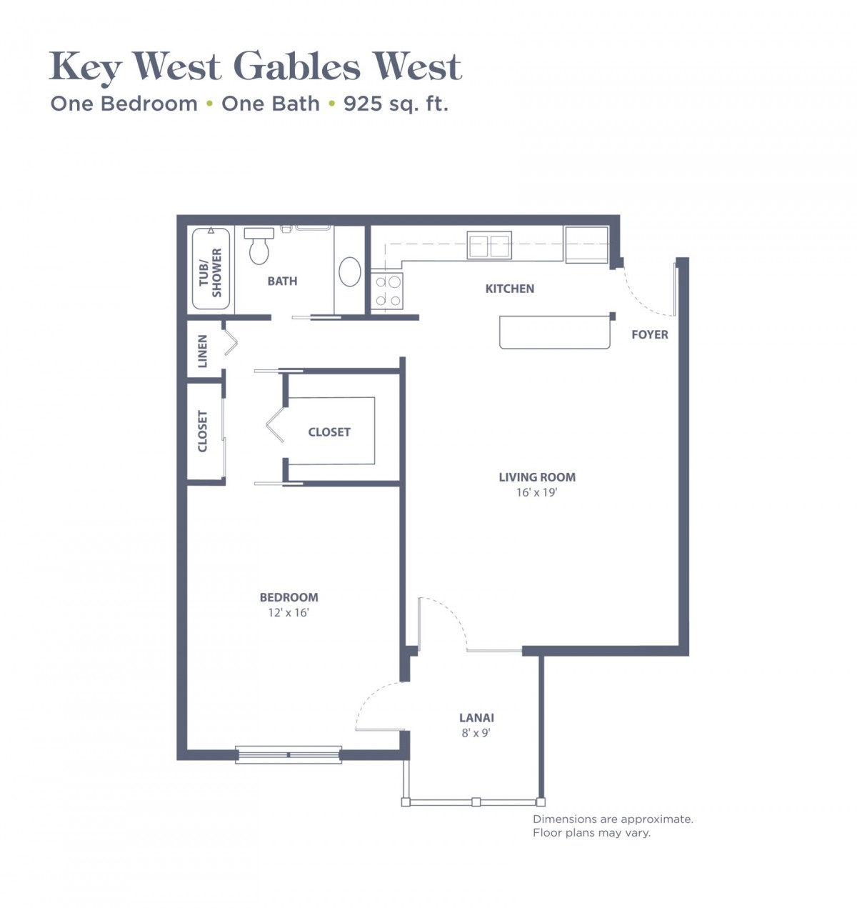 One-bedroom apartment floor plan for Key West Gables West, featuring a living room, kitchen, bathroom, and balcony.