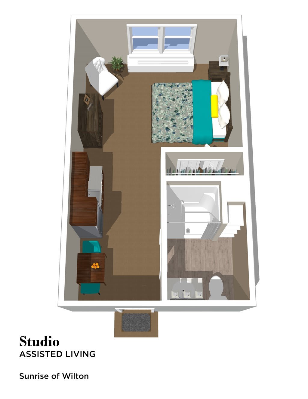 3D floor plan of a studio apartment showing furniture arrangement.