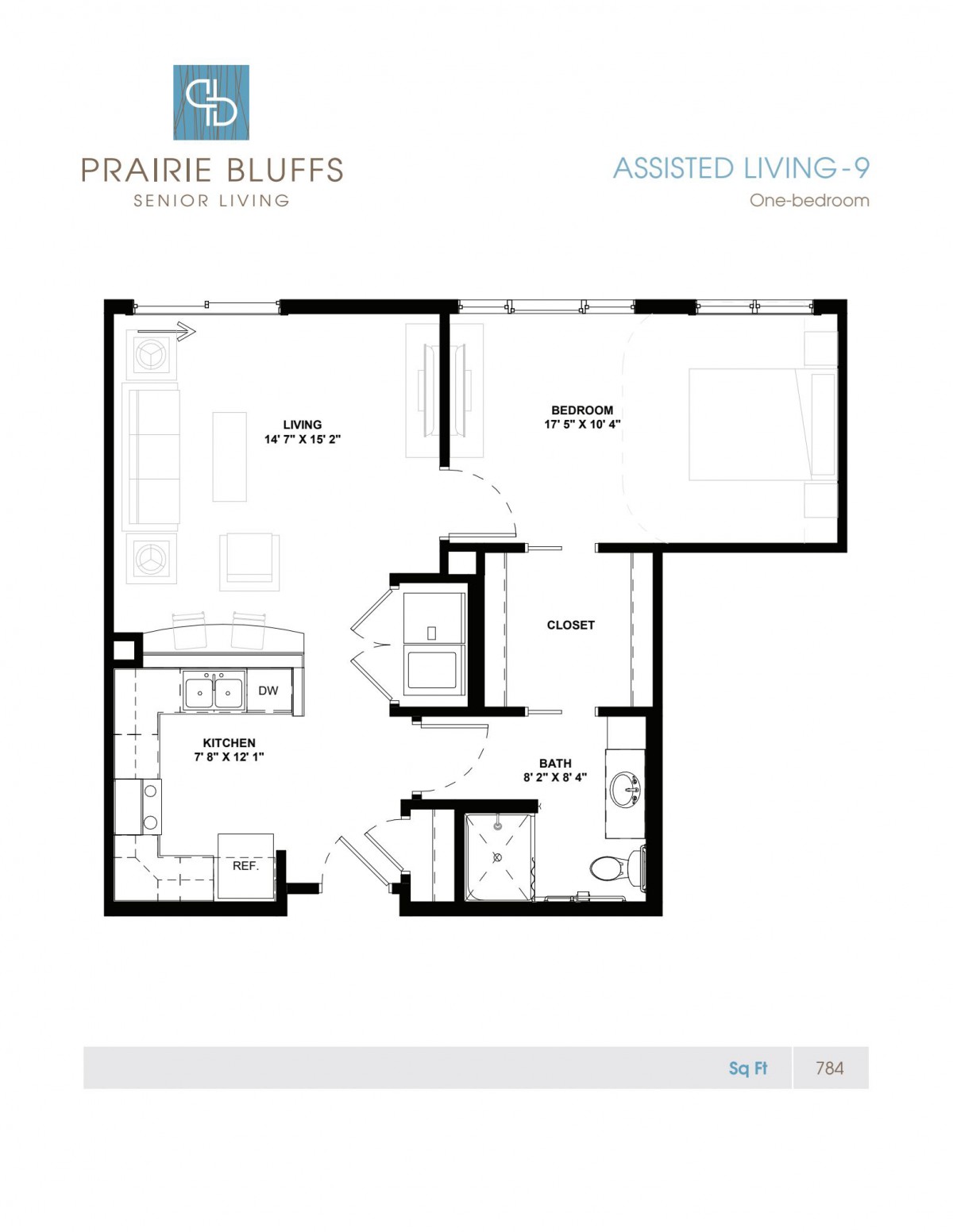 Floor plan of an assisted living apartment at Prairie Bluffs.