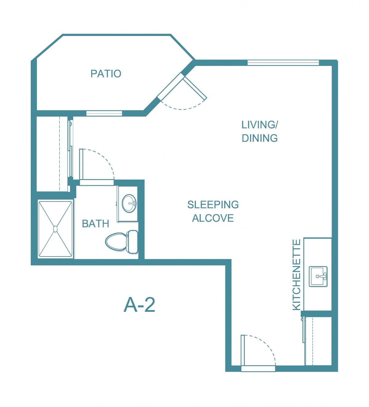 Studio apartment floor plan with living/dining area, sleeping alcove, kitchen, bathroom, and patio.