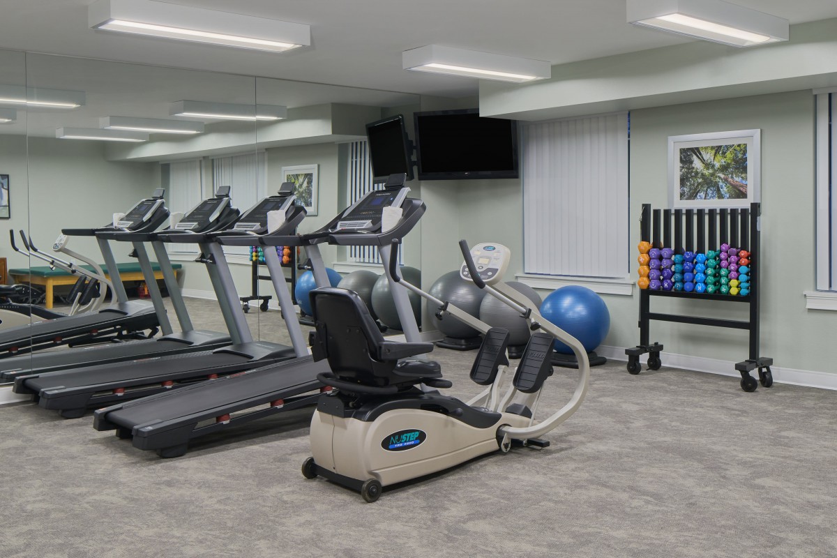 A modern gym with various exercise equipment including treadmills, a stationary bike, and weights.