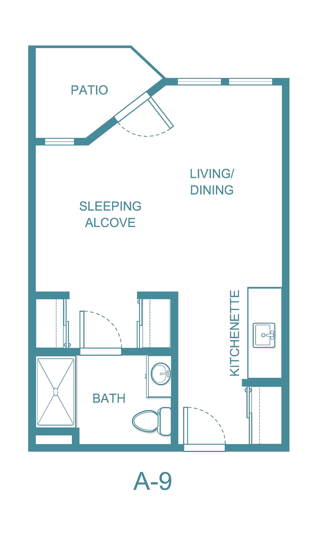 Studio apartment floor plan with sleeping alcove, living/dining area, kitchenette, and bathroom.