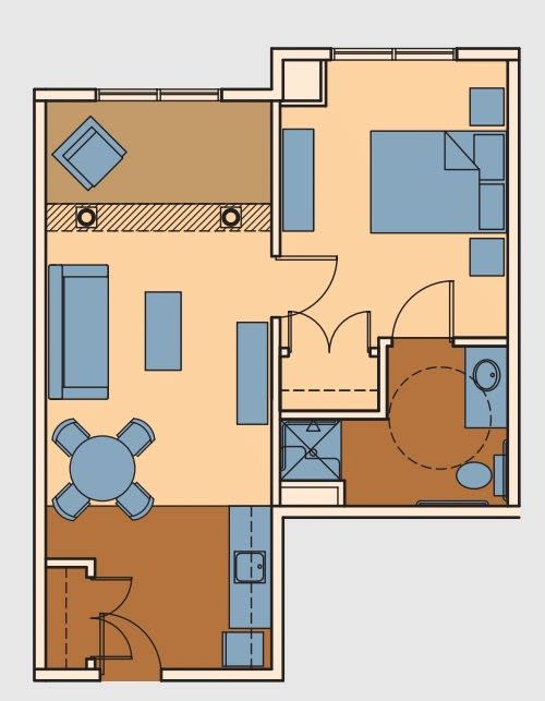 A detailed floor plan of an apartment, showcasing the arrangement of rooms and furniture.