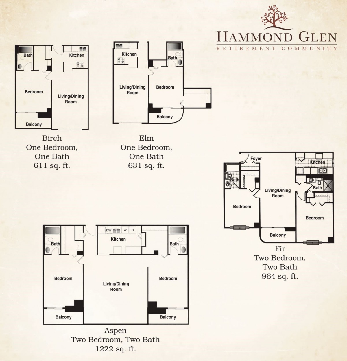 Floor plans of different apartment layouts at Hammond Glen, featuring one and two-bedroom options.