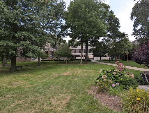 A serene outdoor space featuring lush grass, several trees, and a building in the background.