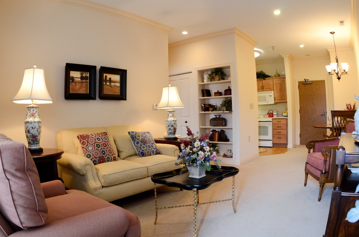 Cozy living room with a view into the kitchen, featuring a comfortable sofa, decorative pillows, and elegant lighting.