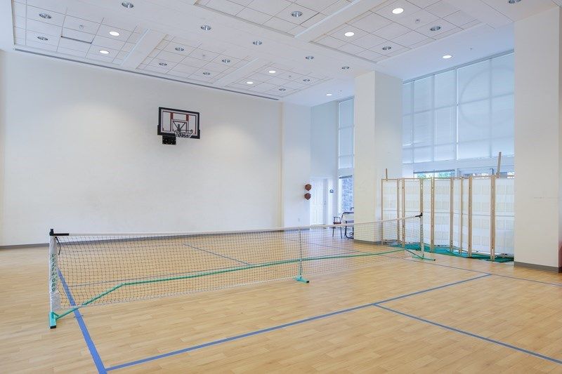 An indoor sports facility featuring a basketball hoop and badminton courts.