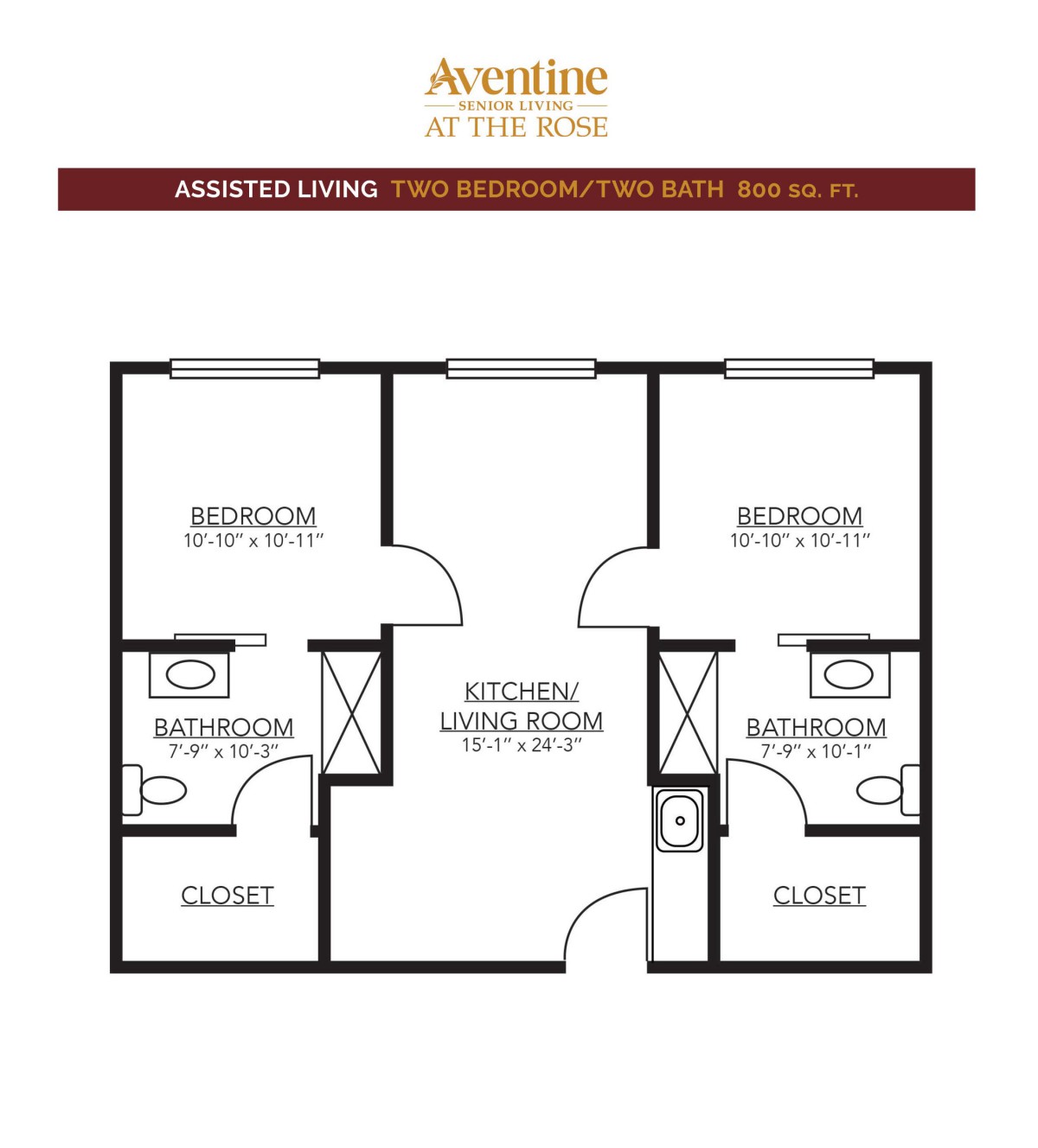 A floor plan of an assisted living two-bedroom apartment featuring a central living area, two bedrooms, two bathrooms, and closets.
