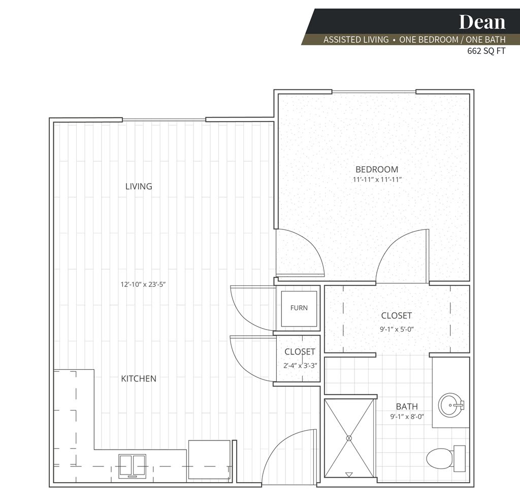 Floor plan of an apartment layout including a living area, kitchen, bedroom, and bathroom.