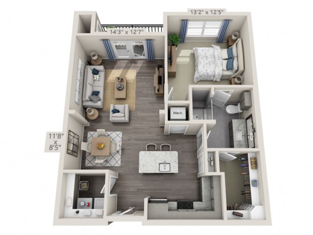 A 3D floor plan of a one-bedroom apartment featuring an open living area and modern interior design.