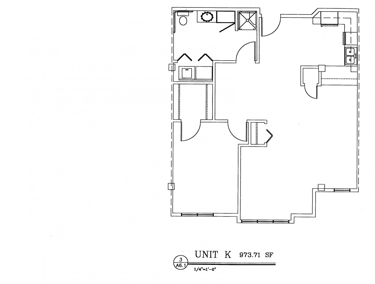 Blueprint layout of Unit K showing room and corridor arrangement.