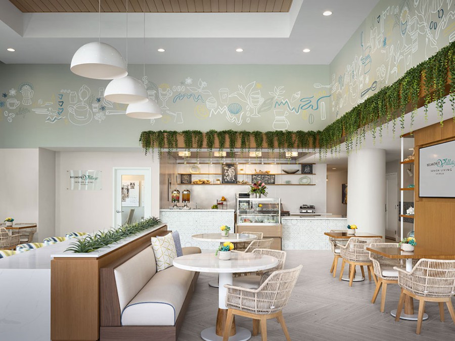 A modern and minimalist cafe interior with abundant greenery and natural light.