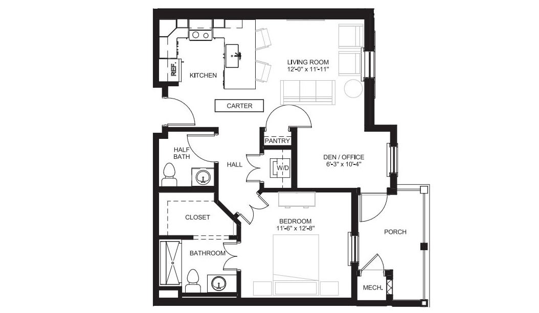 A floor plan of a one-bedroom apartment layout featuring a kitchen, living/dining area, bedroom, bathroom, and balcony.