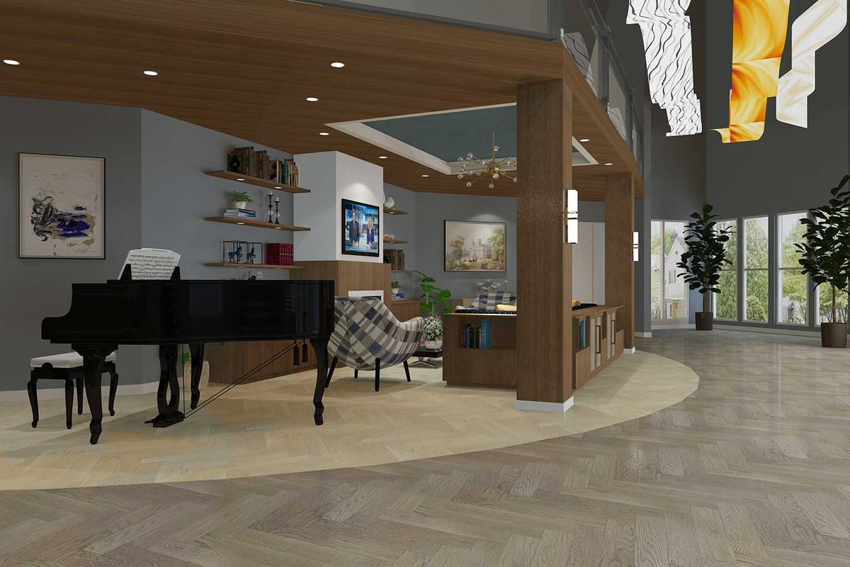 A stylish lounge area featuring a grand piano and contemporary furnishings, complemented by warm wood accents and artwork.