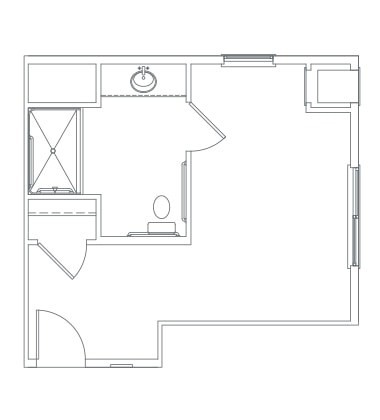 A detailed floor plan showing a small bathroom layout with essential fixtures.