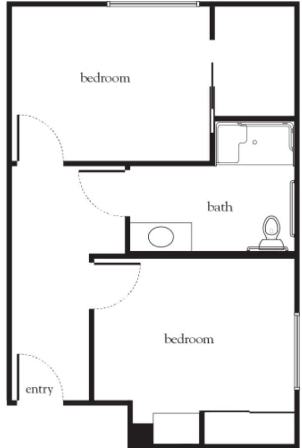 A simple floor plan showing a two-bedroom apartment with one bathroom.