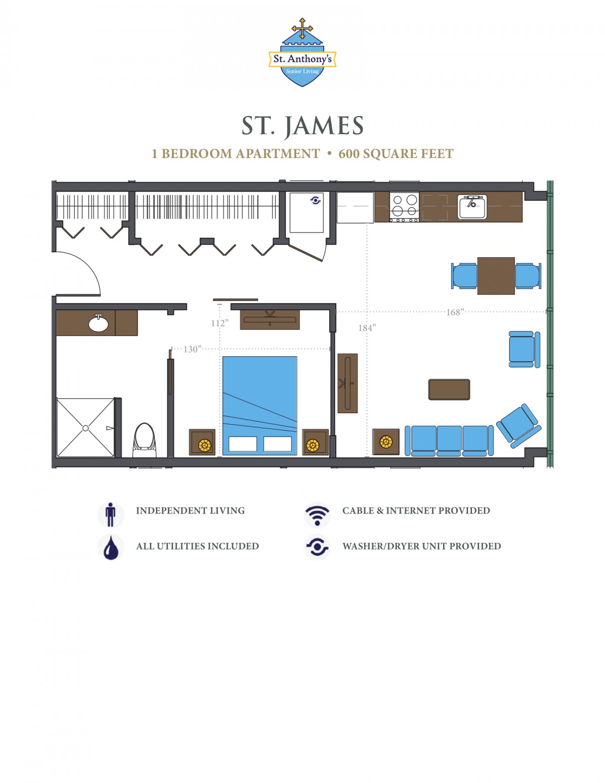 Floor plan of a one-bedroom apartment named 'St James' featuring a living area, kitchen, bedroom, and bathroom.