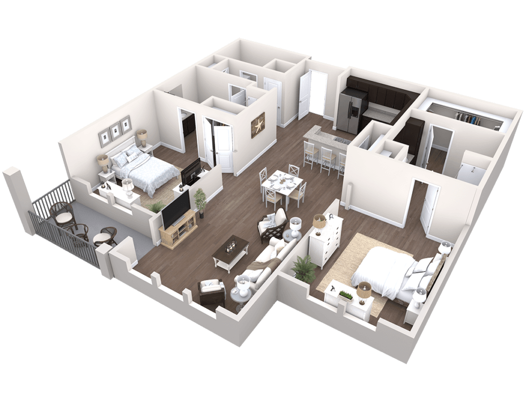 3D rendering of a two-bedroom apartment floor plan showcasing an open living area and modern interior design.
