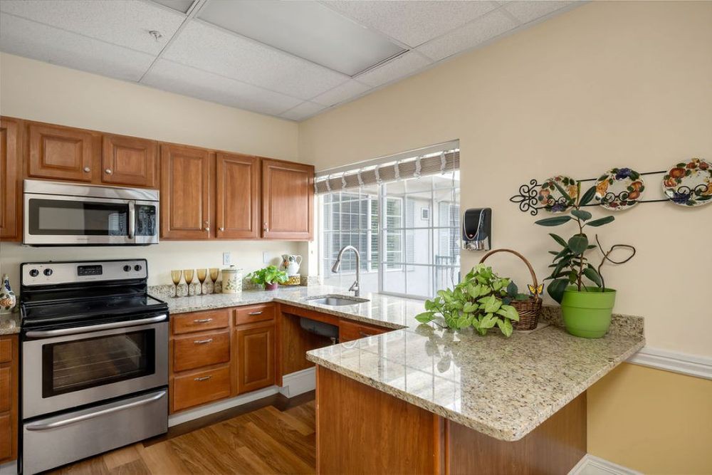A modern kitchen featuring wooden cabinets, stainless steel appliances, and decorative plants.