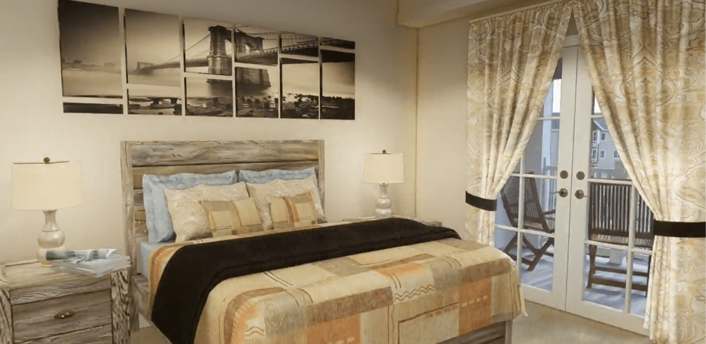 A modern and cozy bedroom with elegant decor and comfortable bedding.