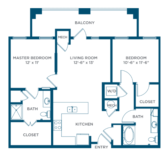 This is a floor plan of a two-bedroom apartment featuring a living room, kitchen, two bathrooms, and a balcony.