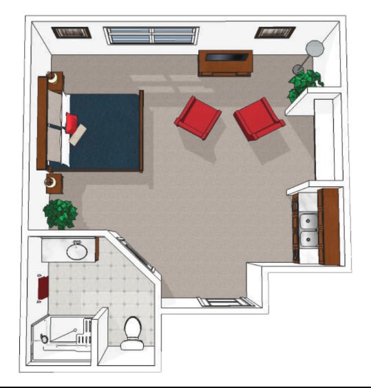 A floor plan of a bedroom featuring a bed, chairs, and a small bathroom.