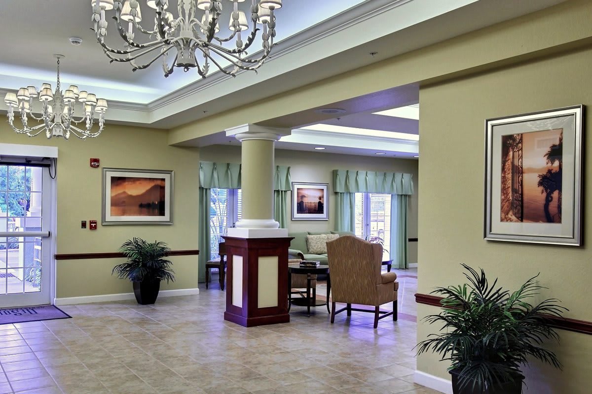 A spacious lobby interior with elegant furnishings and decor.