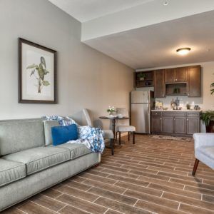 A modern open-plan living space featuring a comfortable sofa, dining area, and compact kitchen.