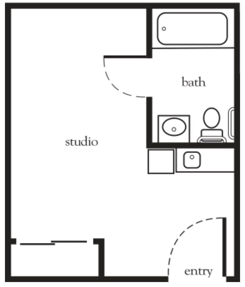 Floor plan of a studio apartment with a bath.
