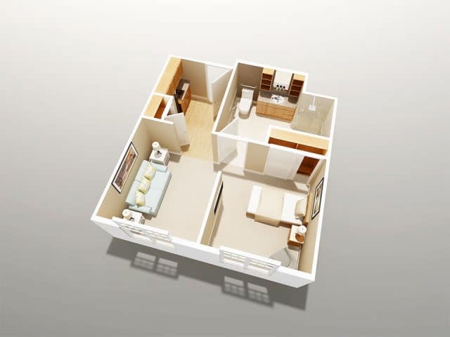 A 3D floor plan of an apartment featuring a bedroom, living room, and kitchen.