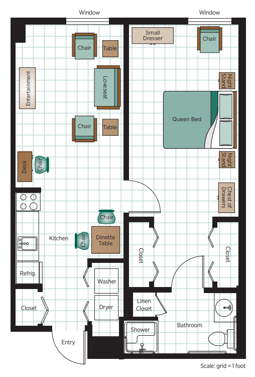 A one-bedroom apartment floor plan featuring a living room, kitchen, and bathroom.