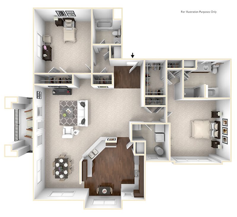 A 3D floor plan of an apartment featuring a kitchen, living room, bedroom, and bathroom.